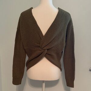 V-Neck, Twist Back Olive Green Sweater